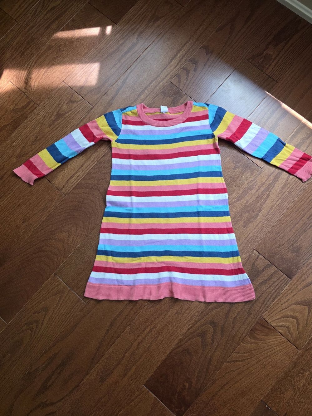 GAP Girls' Rainbow Stripe COTTON Long Sleeve Dress - Pink, Yellow, Blue